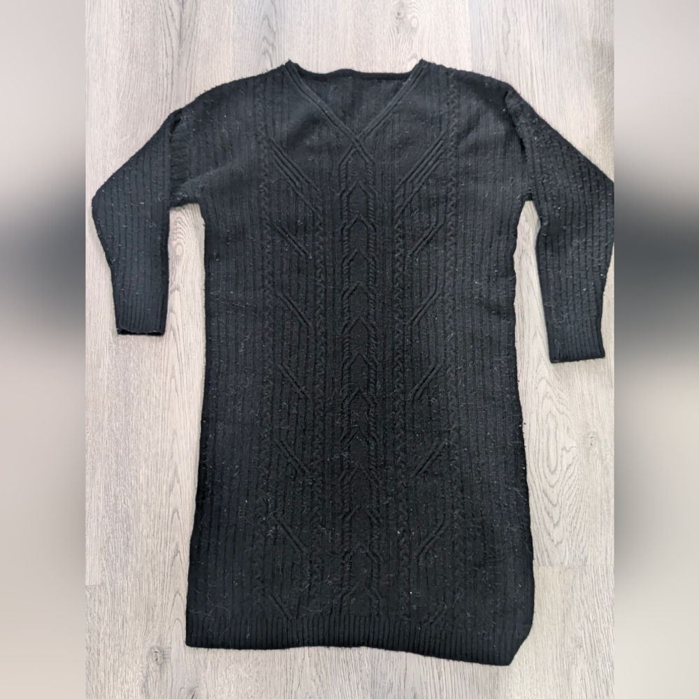 Vintage MaBelle 100% Wool Black Cable Knit Sweater Dress M